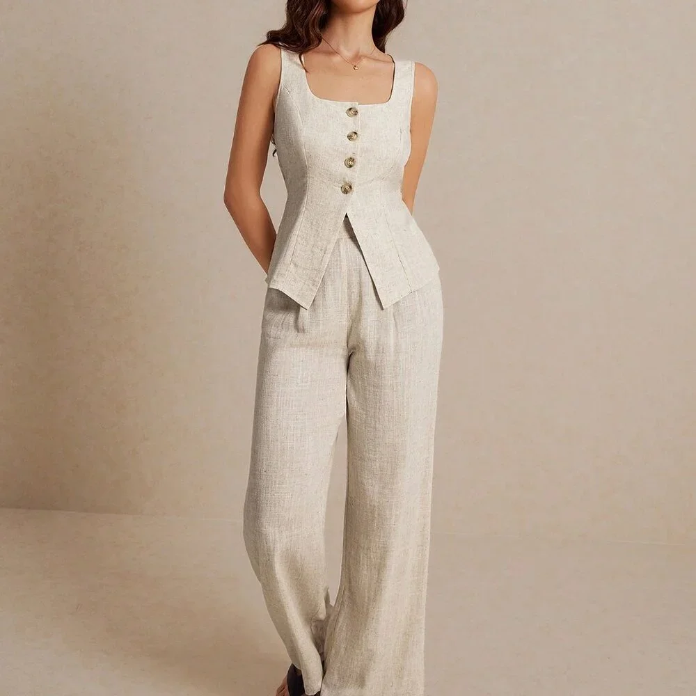 Khaki Casual Women's Summer Linen Color Linen Suit Vest Two-Piece Set - Picture 4 of 7